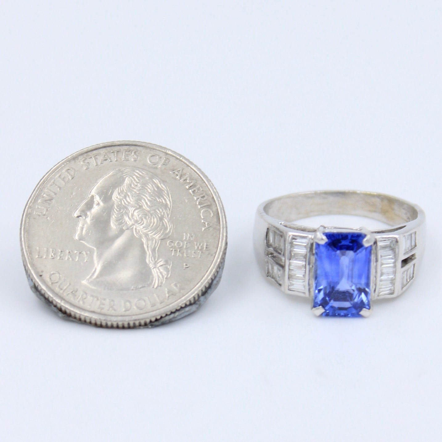 Natural AAA 3.27 Ct Cornflower Blue Sapphire & Baguette Diamond Ring in 18K White Gold