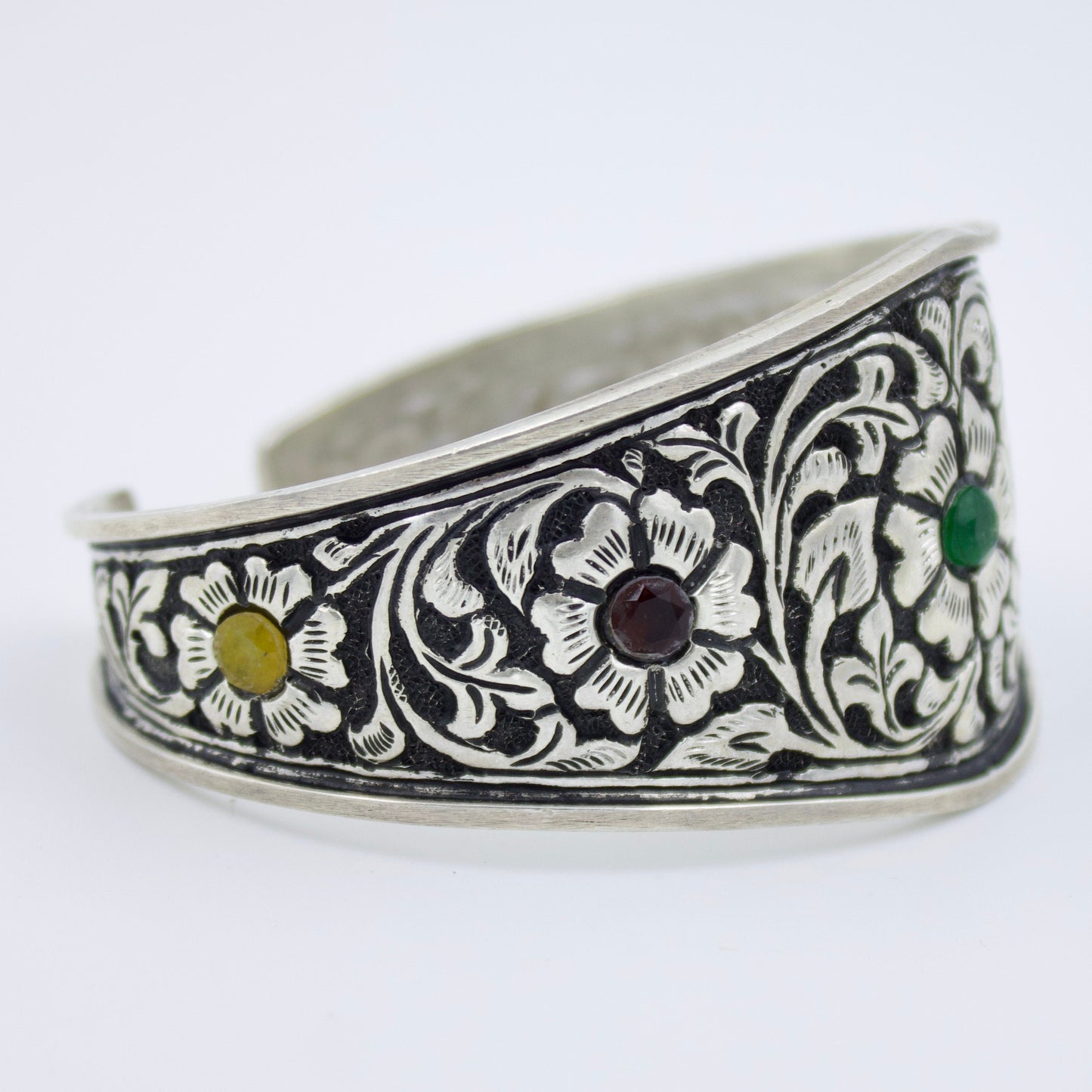 Vintage Emerald Garnet Citrine Handcarved Floral Cuff Bracelet in Sterling Silver