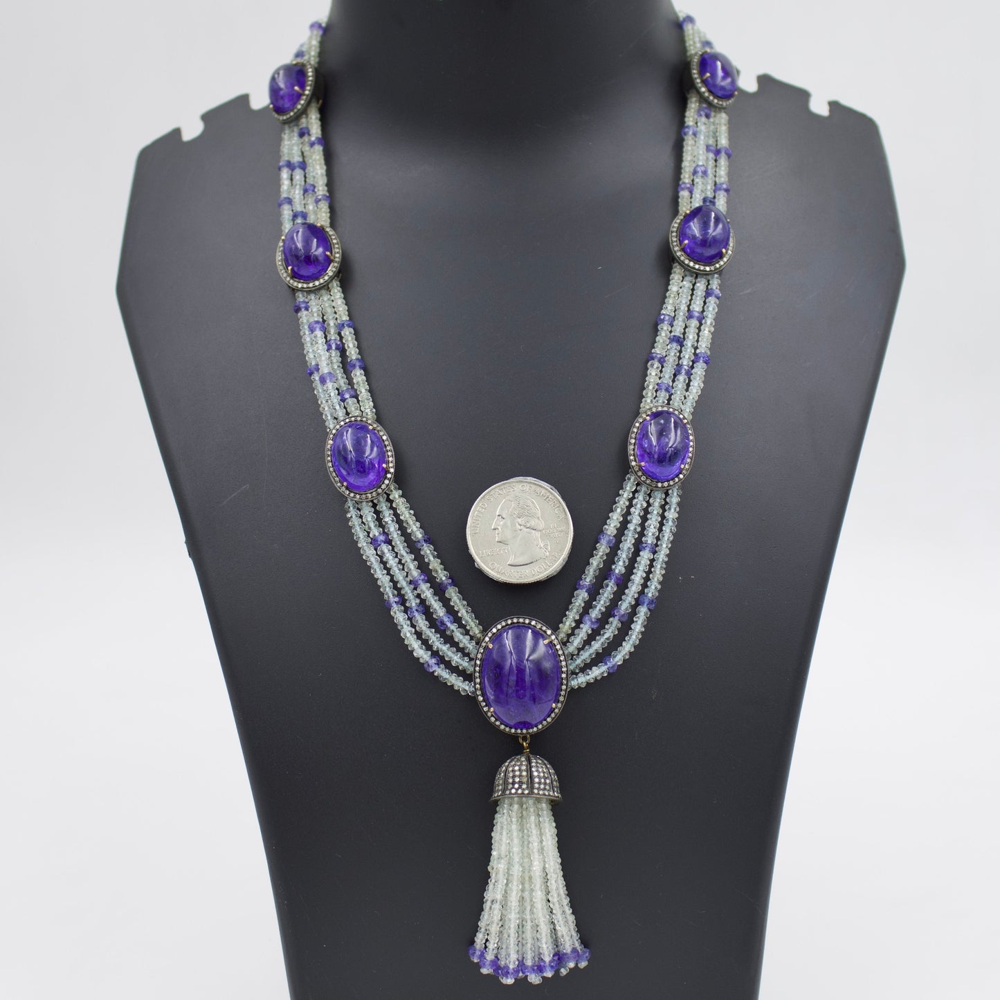 Victorian Tanzanite Aquamarine & Diamond Statement Tassel Necklace in 14K Gold and Sterling Silver