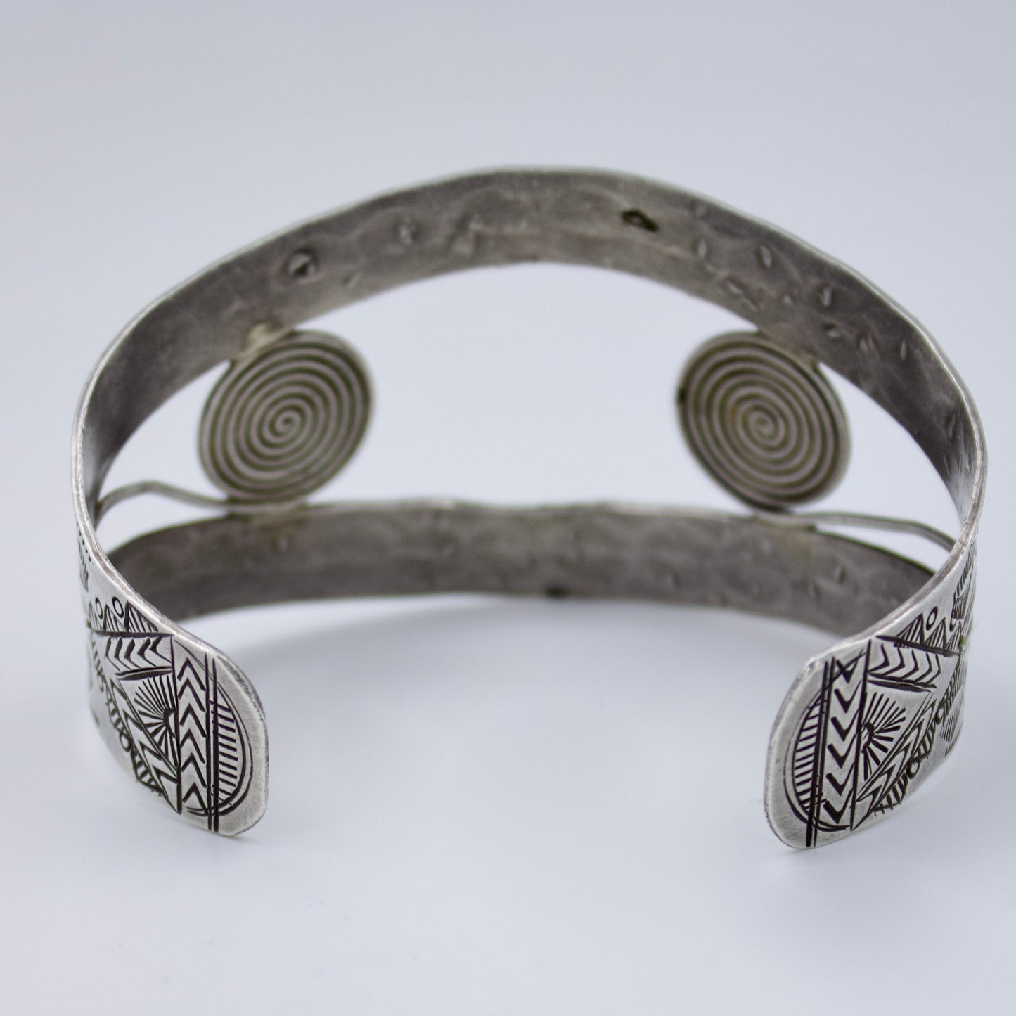 Vintage Indonesian Hand Etched Silver Circles Statement Cuff Bracelet in Sterling Silver