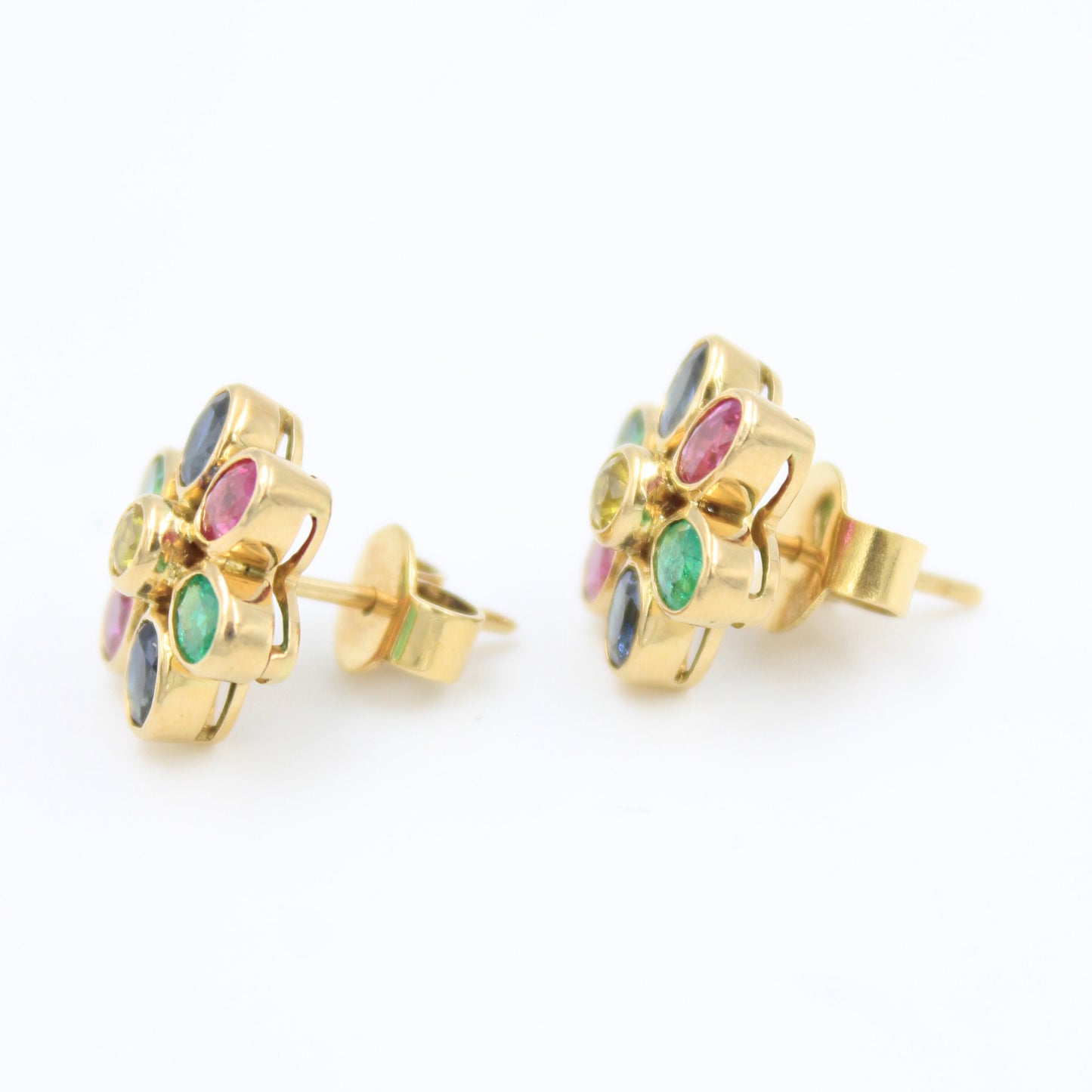 Elegant 4.25 TCW Natural Ruby, Emerald and Sapphire Floral Stud Earrings in 18K Yellow Gold