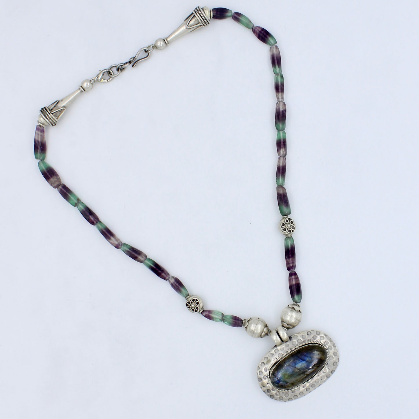 Vintage Labradorite and Blue John Fluorite Pendant Necklace in Sterling Silver