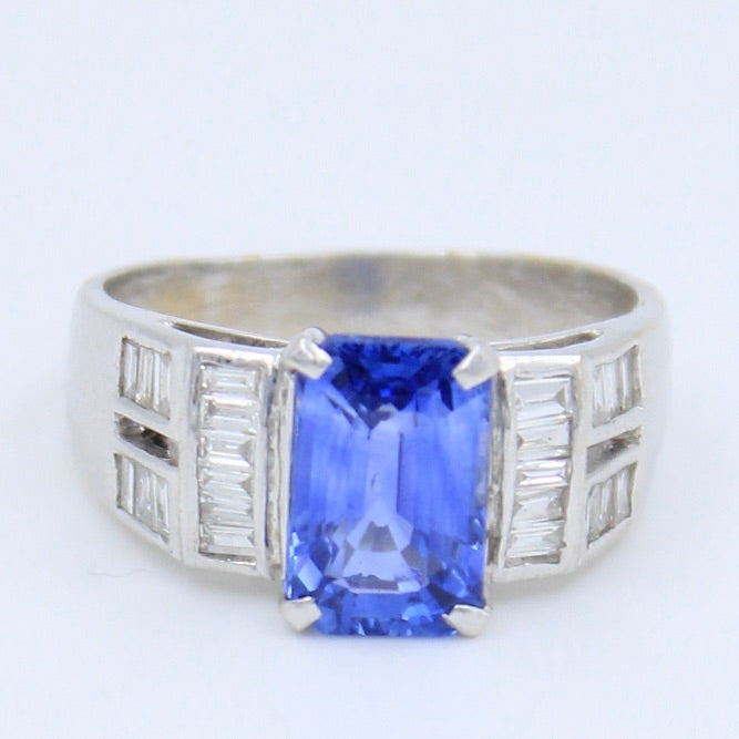 Natural AAA 3.27 Ct Cornflower Blue Sapphire & Baguette Diamond Ring in 18K White Gold