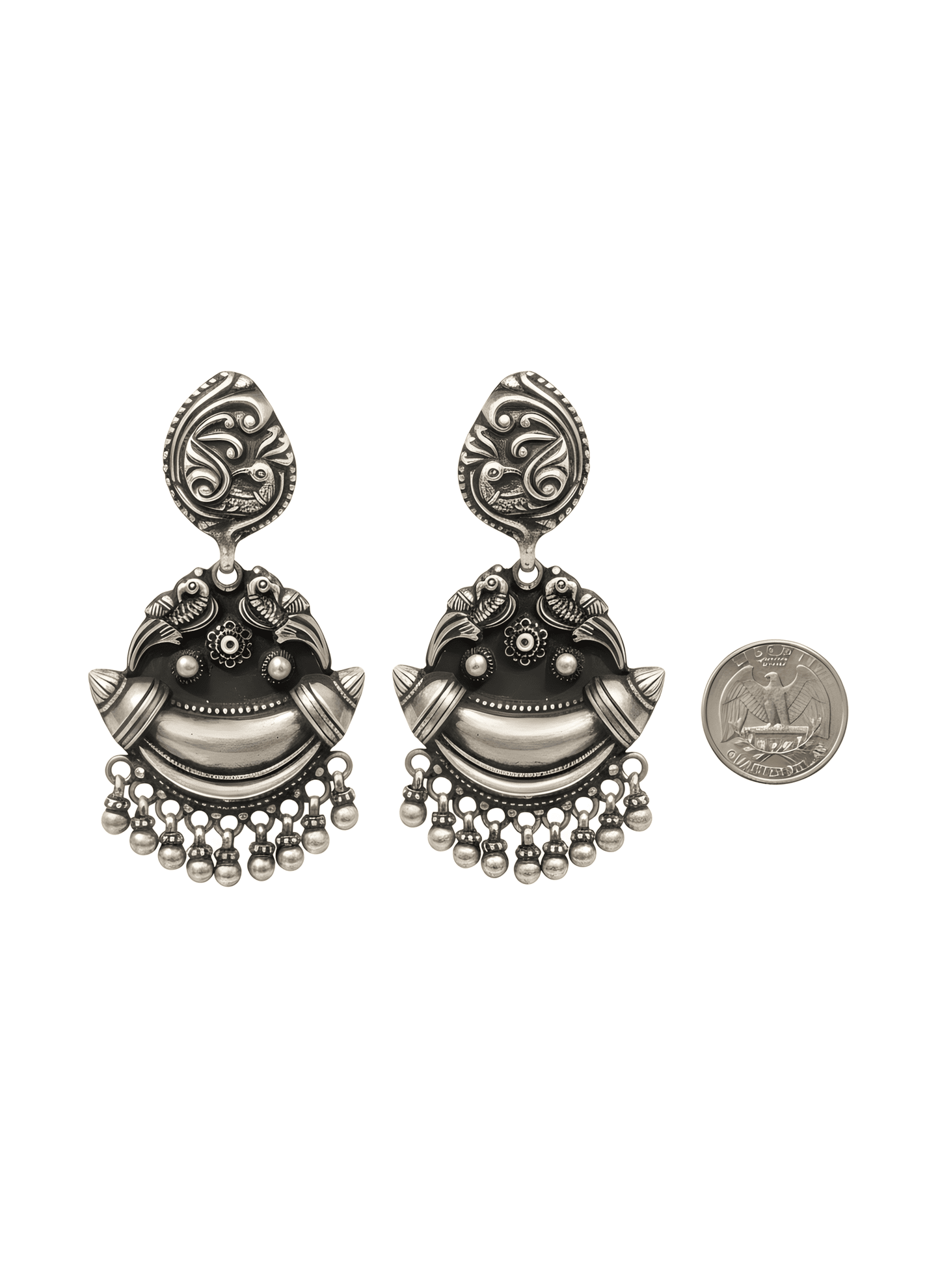 Oxidized 92.5 Sterling Silver Traditional Indian Peacock Drop Earrings