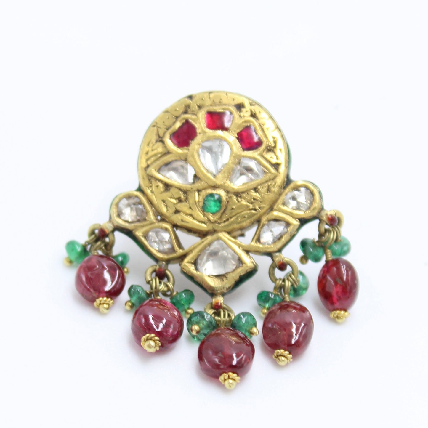 Vintage Indian Kundan Meenakari Work Vilandi Diamond Floral Pendant & Earrings in 22K Yellow Gold