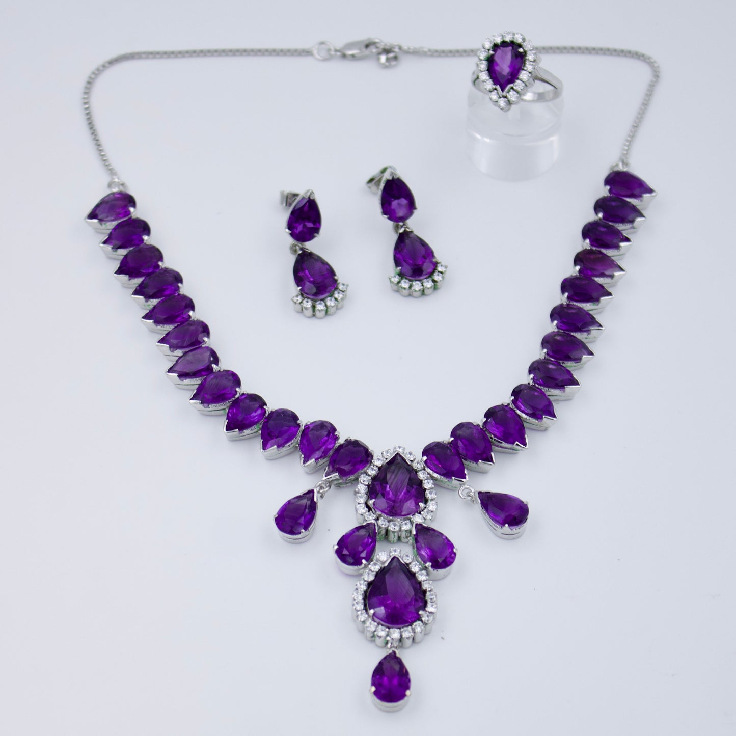 Vintage AAA Royal Purple 80 Ct Amethyst & CZ Statement Necklace, Drop Earrings, and Ring in Sterling Silver, February