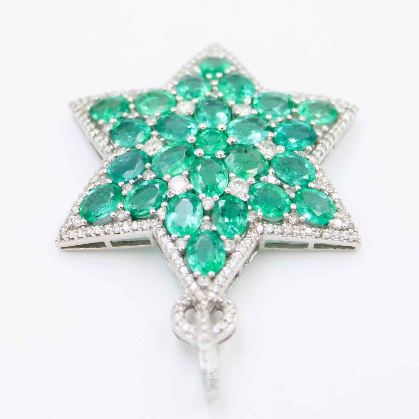 Statement 13.93 TCW Natural Emerald & Diamond Star Pendant in 18K White Gold