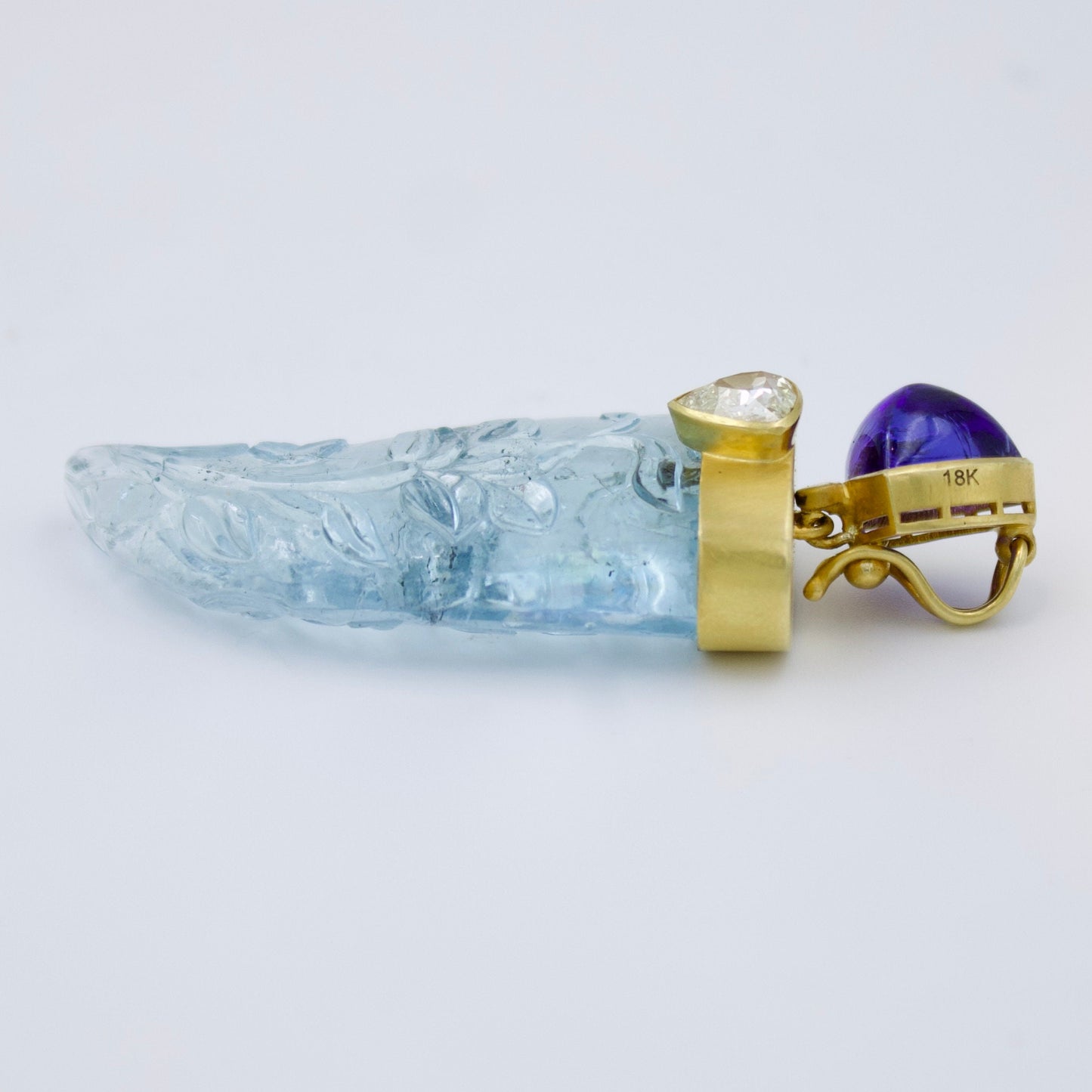 AQUAMARINE PENDANT I Carved Aquamarine Tanzanite & Diamond Nail Pendant 18K | Tiger Nail Pendant | Tanzanite Pendant | Floral Motif Pendant