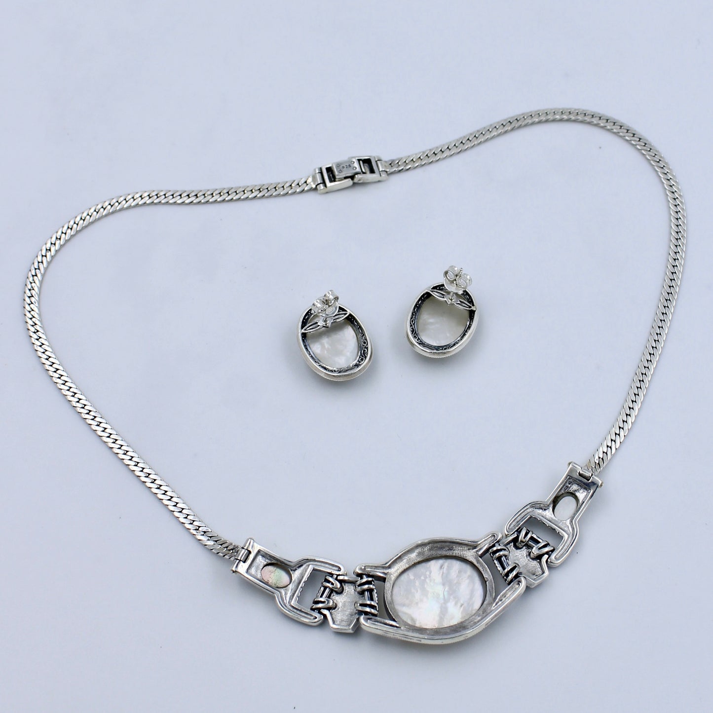 Unique Marcasite and Mother of Pearl Necklace & Stud Earring in Sterling Silver