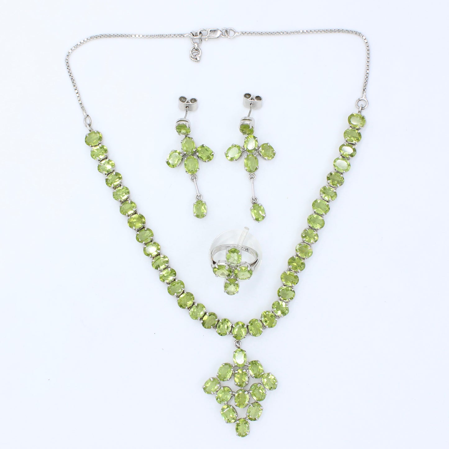 AAA 67.14 Natural Peridot Pendant Necklace, Earrings & Ring Set Sterling Silver