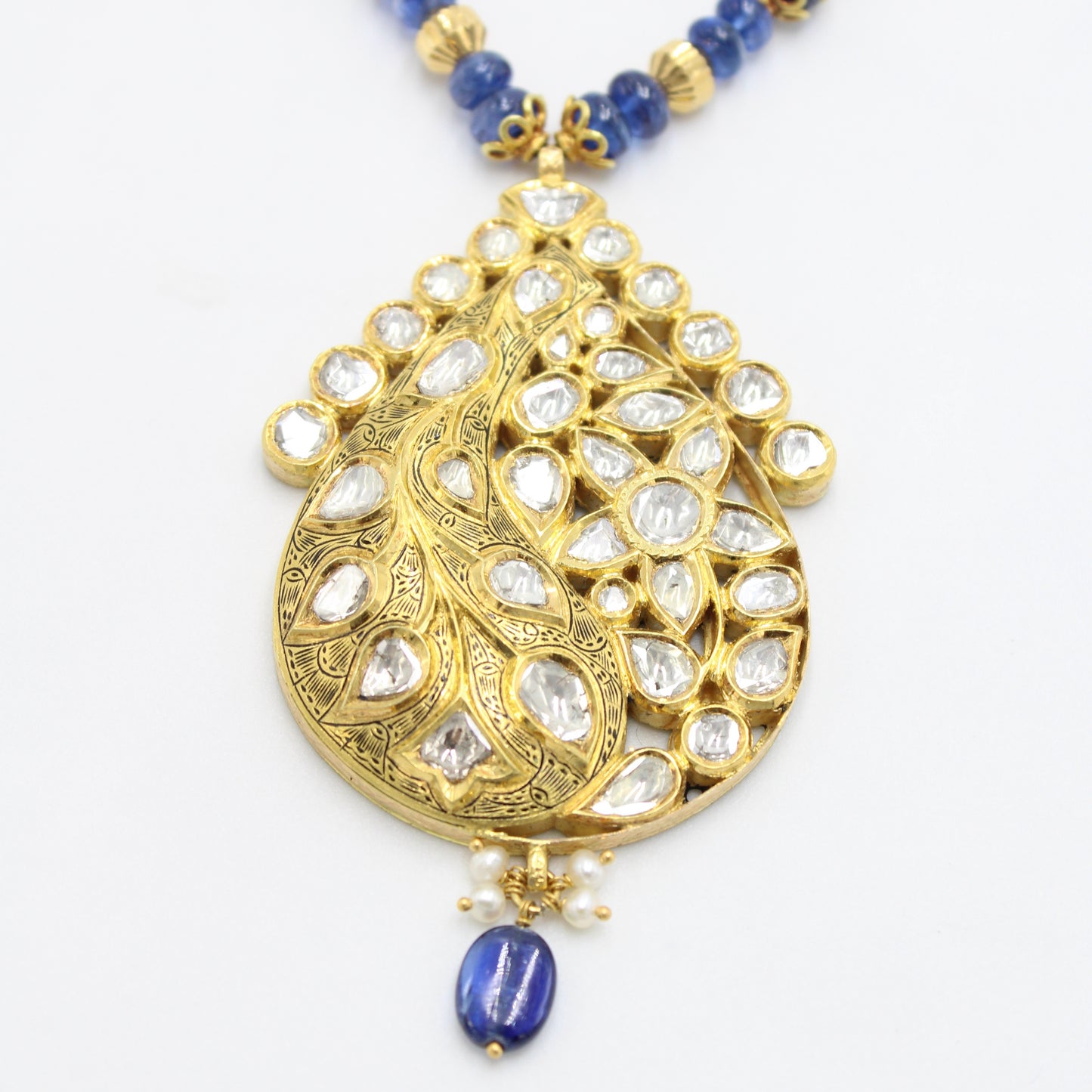Vintage Natural Polki Diamond & Kyanite Kundan Necklace & Earrings in 22K Gold