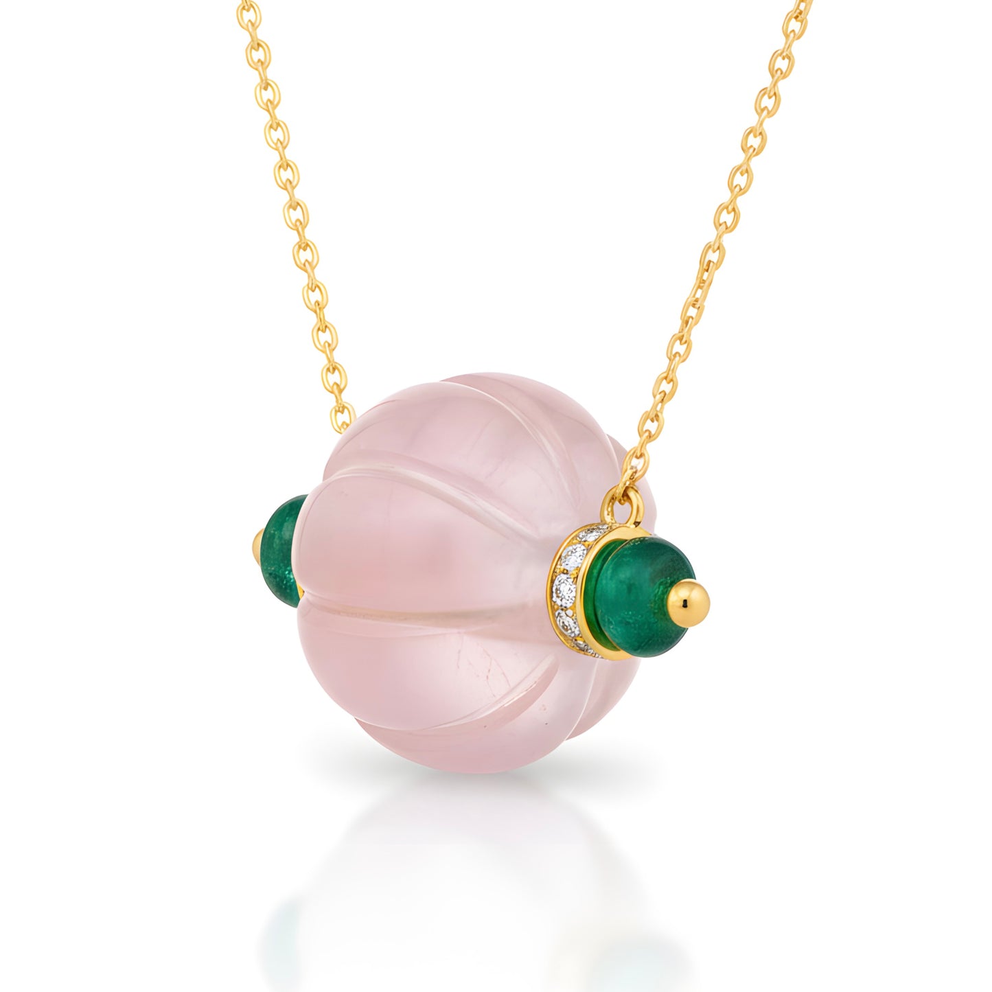 29 Ct AAA Natural Rose Quartz, Emerald & Diamond Melon 18K Gold Pendant Necklace
