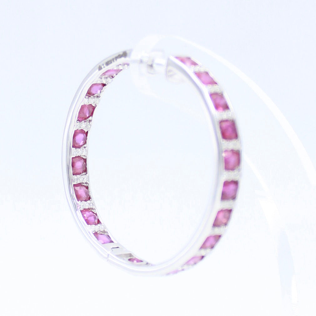 Statement 14.15 TCW Natural Ruby & Diamond Inside Out Big Hoop Earrings in 14K White Gold