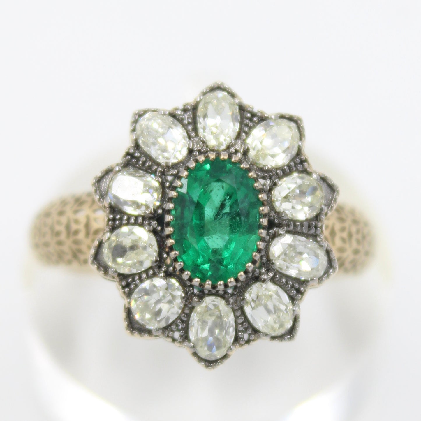 Natural 1.97 Ct Emerald & Old Mine Diamond Filigree Cocktail Ring in 18K Gold