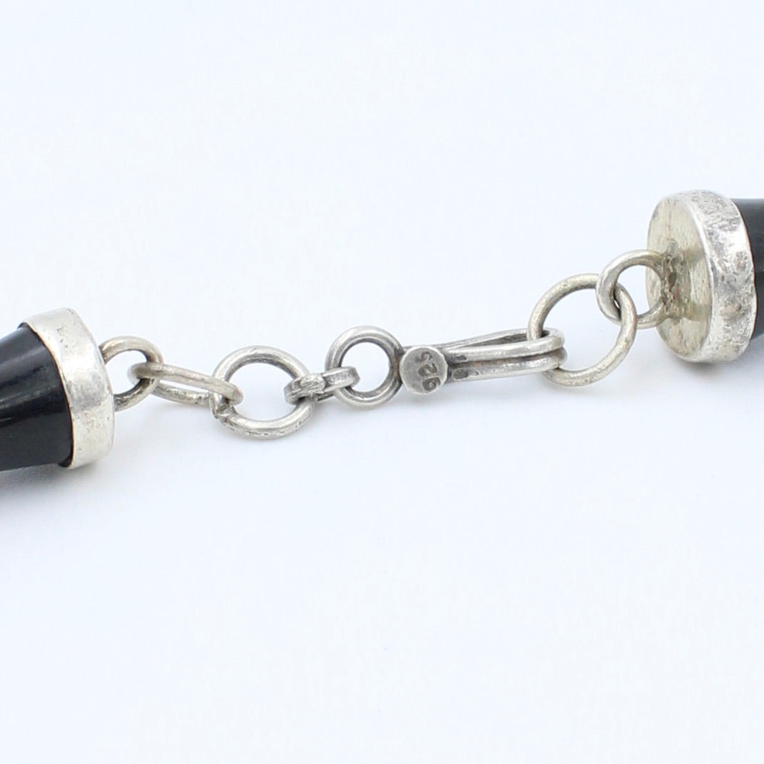 Vintage Natural Black Onyx Bamboo Bead Necklace in Sterling Silver