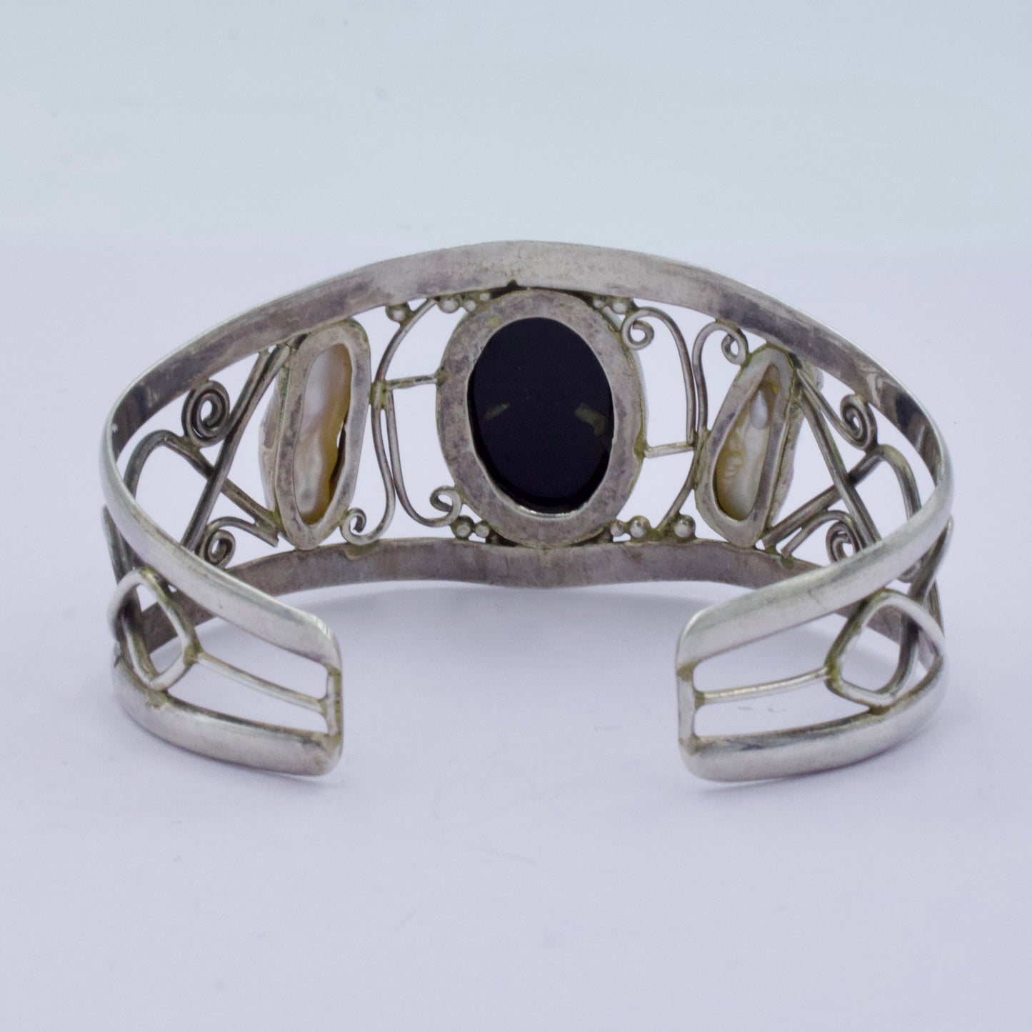 Vintage Black Onyx and Baroque Pearl Cuff Bracelet in Sterling Silver