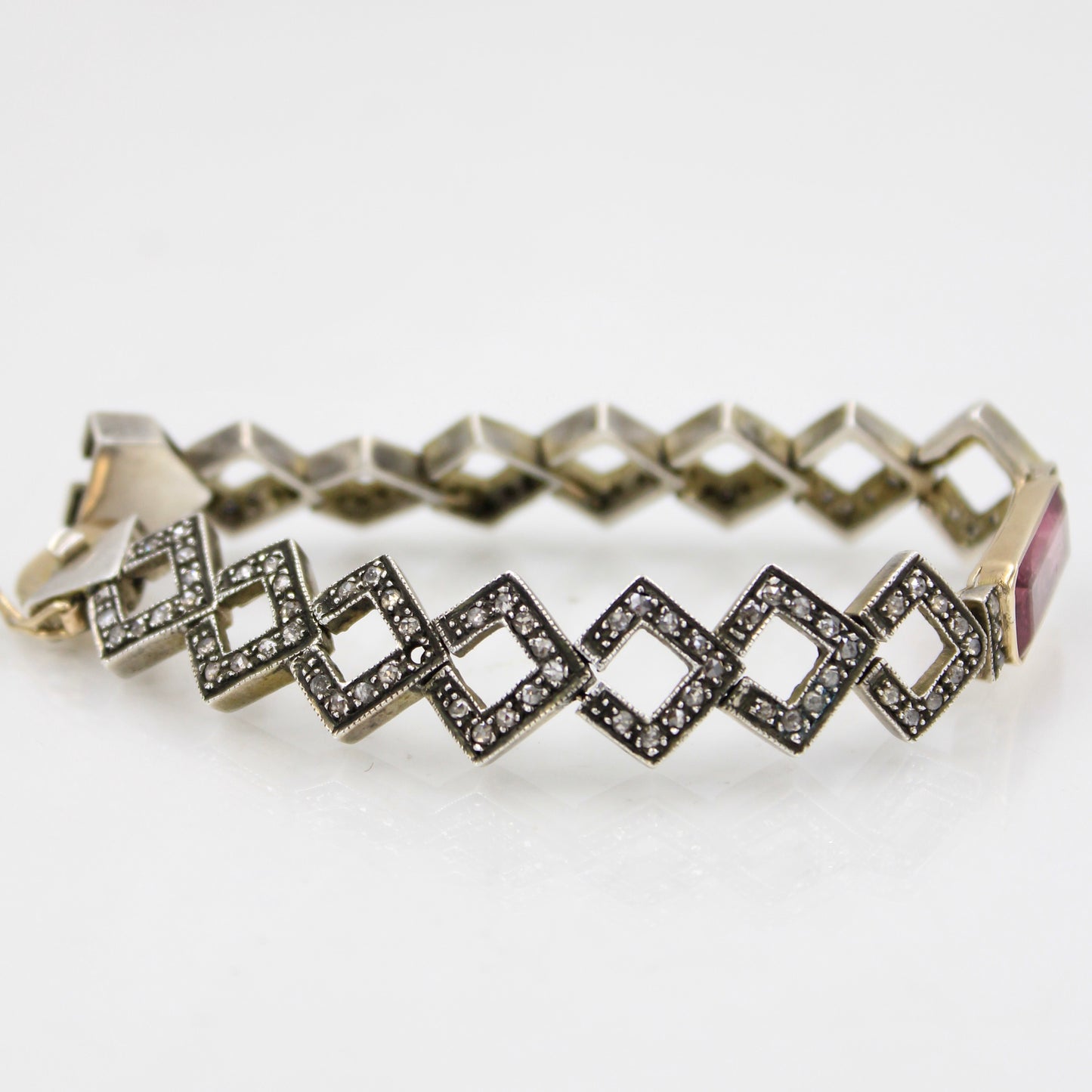 Victorian 5.91 TCW Pink Tourmaline and Diamond Bracelet in 14K Gold & Sterling Silver