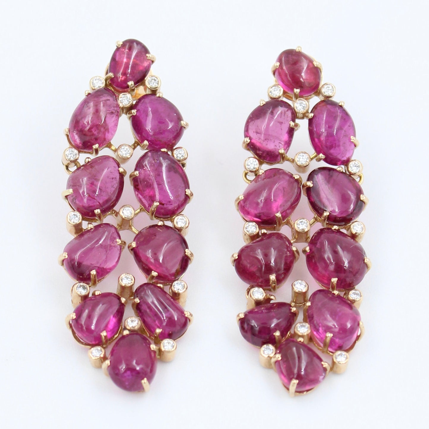 Statement 47.46 Ct Rubellite Tourmaline & Diamond Leaf Drop Earring in 18K Rose Gold