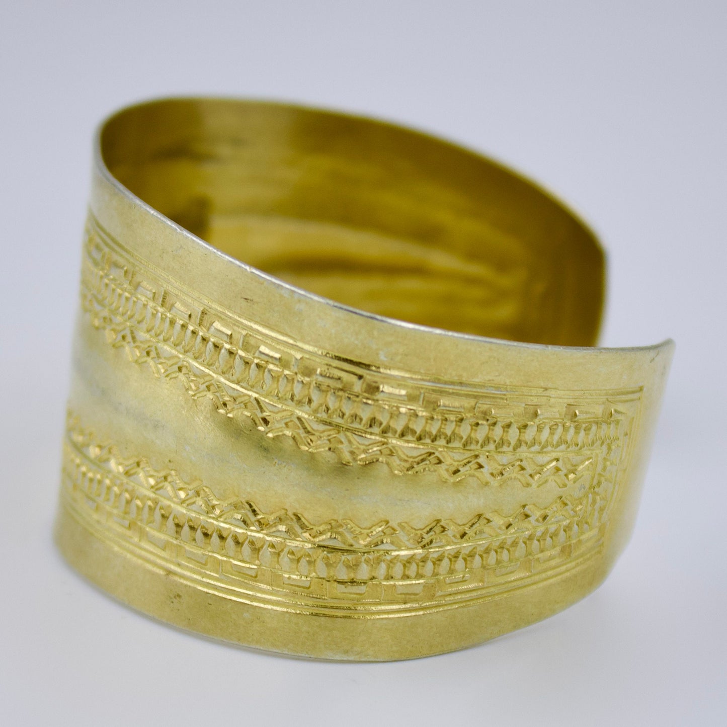 Handmade Indonesian Hand Etched Gold Plated Statement Cuff Bracelet in Sterling Silver