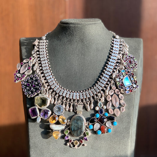 Fusion Indian Multi Pendant Necklace with Semi Precious Stones in Sterling Silver