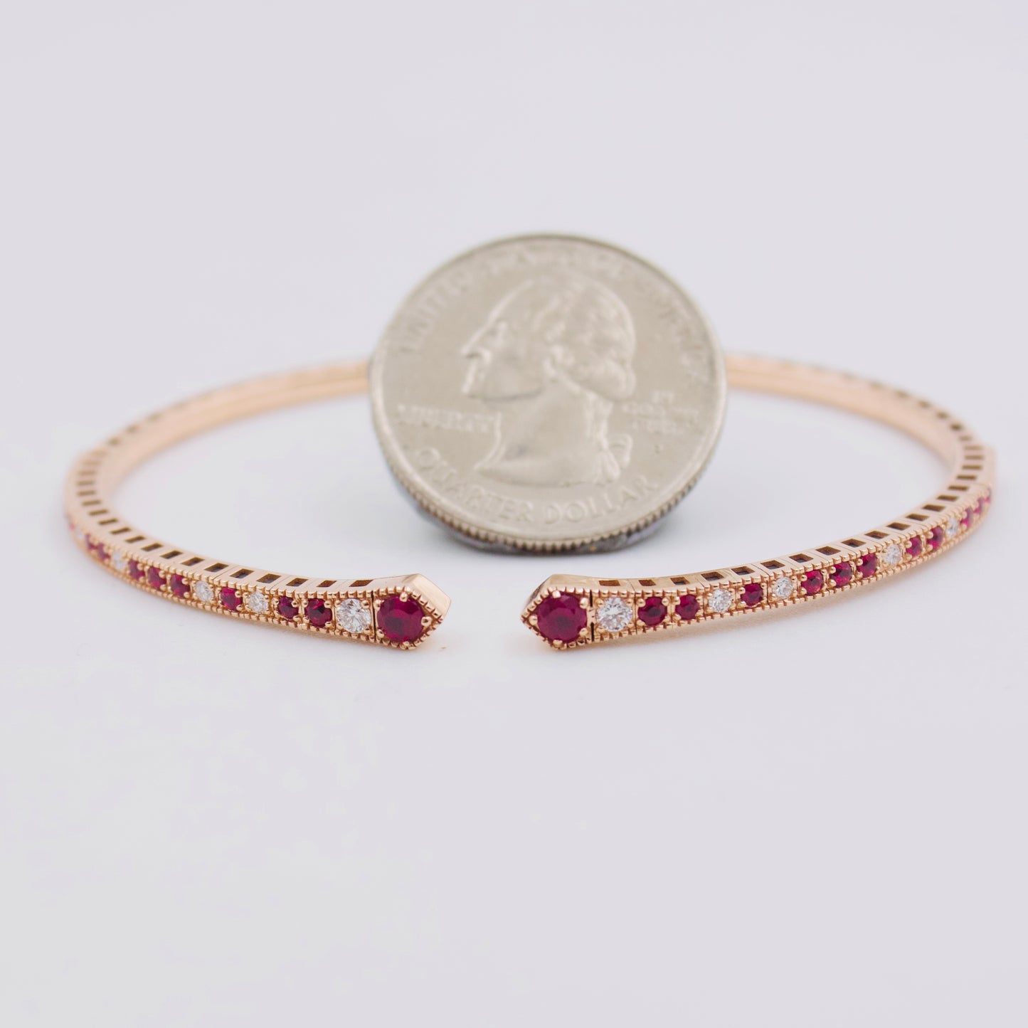 Vintage 1 Ct Ruby & Diamond Open Cuff Bangle in 18k Rose Gold Sz 7