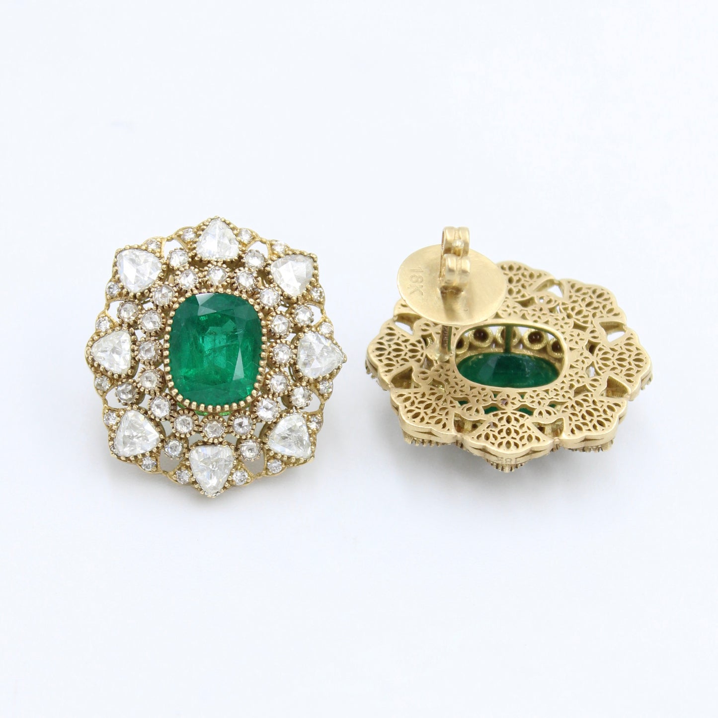 11.05 Ct AAA Vivid Green Emerald & Rose Cut Diamond 18K Gold Stud Earrings