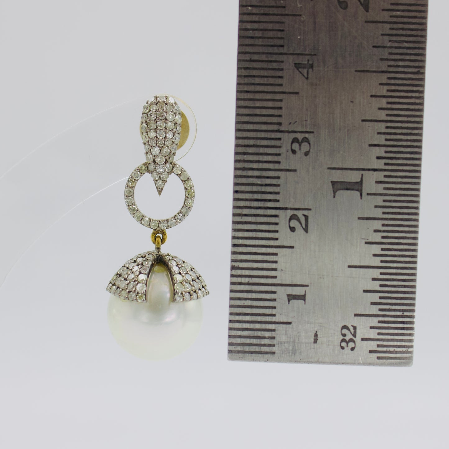 Victorian Diamond South Sea Pearl Drop Earrings in 14K Gold & Sterling Silver