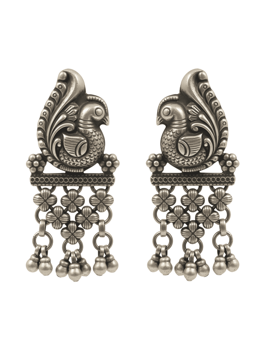 92.5 Pure Silver Jesalmeri Peacock Earrings (32g) - 70mm Length