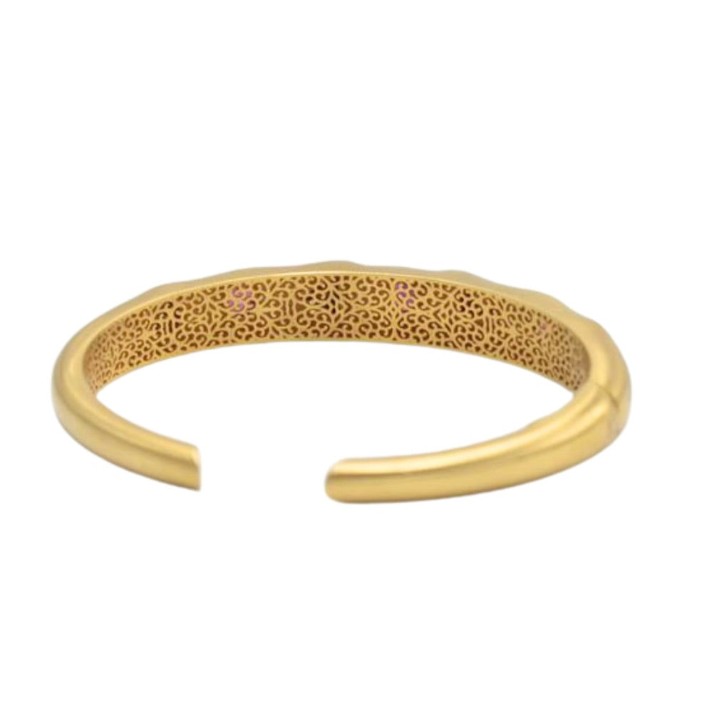 Natural 3.66 Ct Untreated Ruby & Diamond Hinged Cuff Bracelet 18KY Brushed Gold