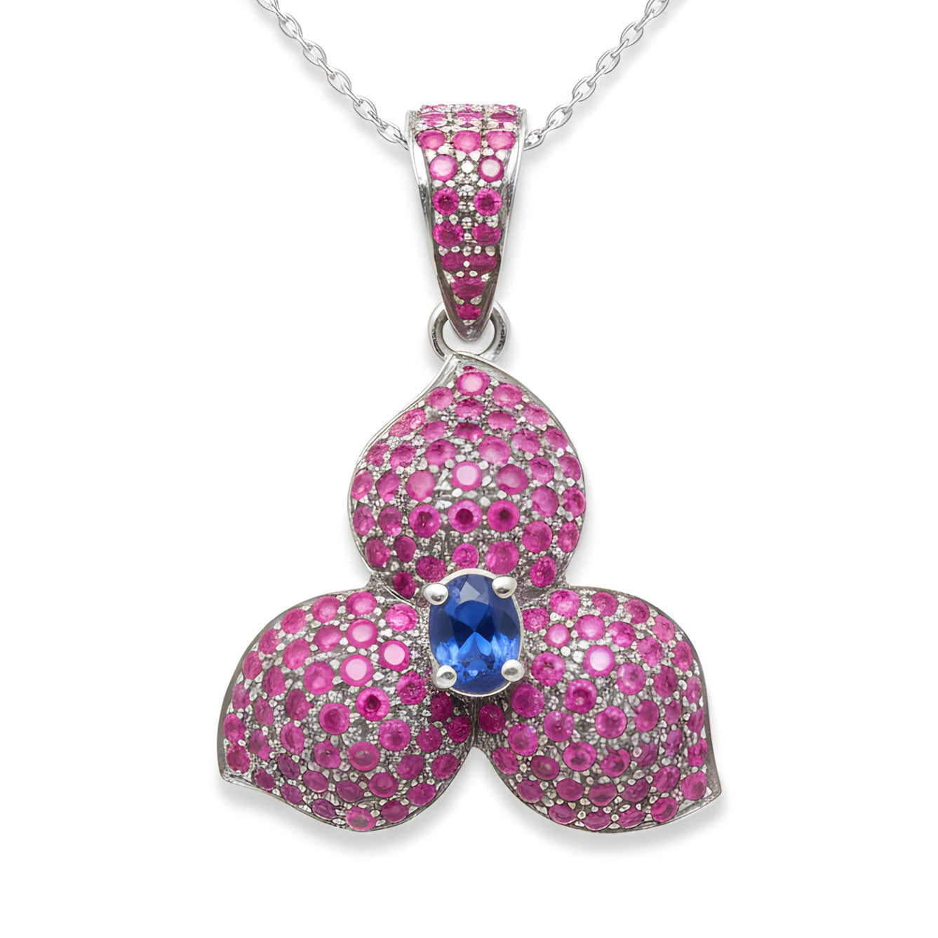 Vintage 4.15 TCW Natural Kyanite & Burmese Ruby Floral Pave Pendant in Sterling Silver