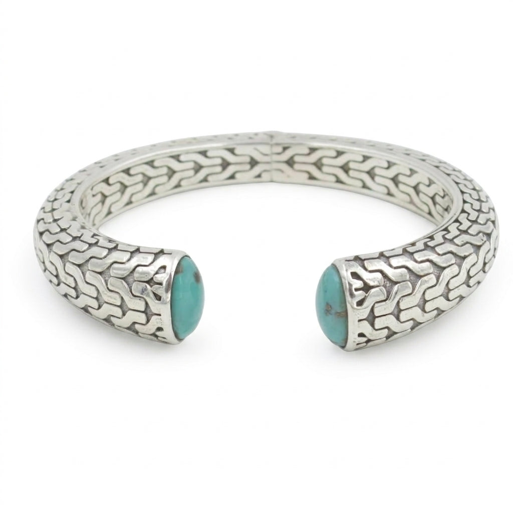 Natural Turquoise Hinged Etched Cuff Bracelet in Sterling Silver