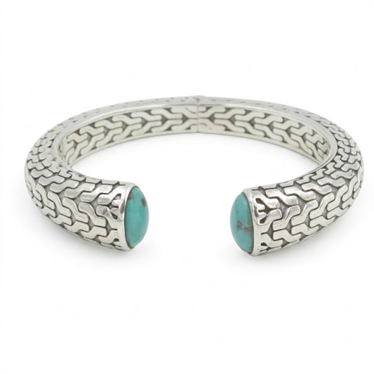 Natural Turquoise Hinged Etched Cuff Bracelet in Sterling Silver