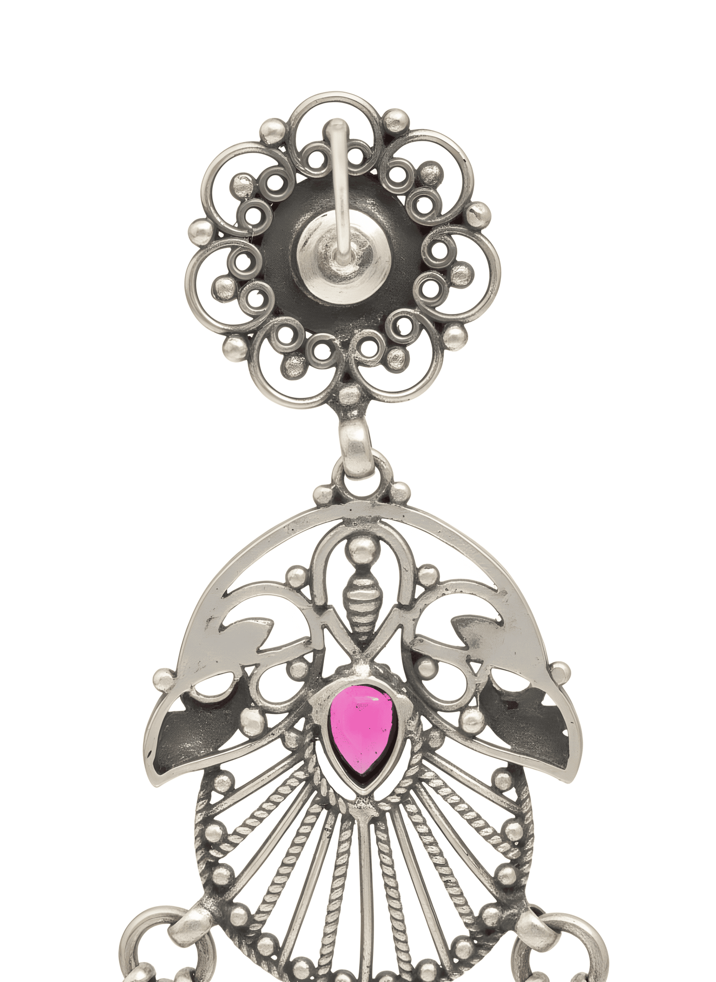 925 Silver Pink Rhinestone Filigree Drop Earrings