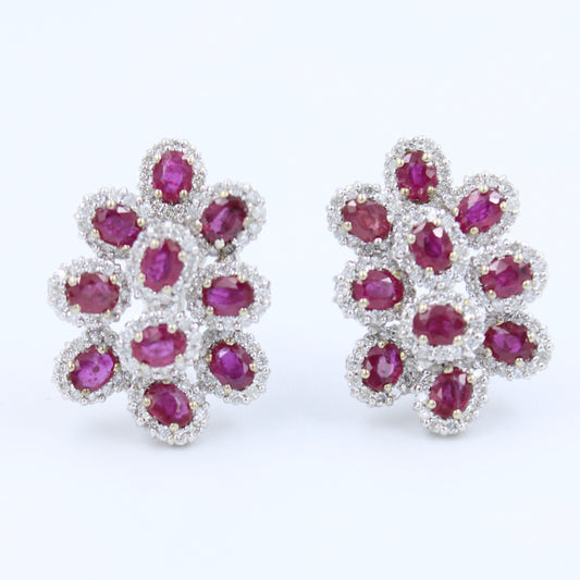 Natural 6.17 Ct AAA Ruby and Diamond Grape Stud Earring in 14K White Gold