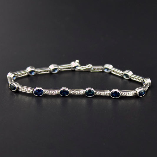 Natural 6.51 ct Blue Sapphire And Diamond Tennis Bracelet in 18K White Gold