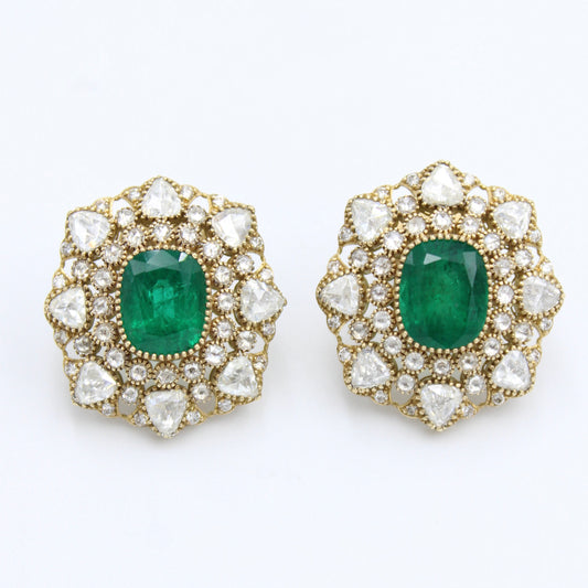 11.05 Ct AAA Vivid Green Emerald & Rose Cut Diamond 18K Gold Stud Earrings