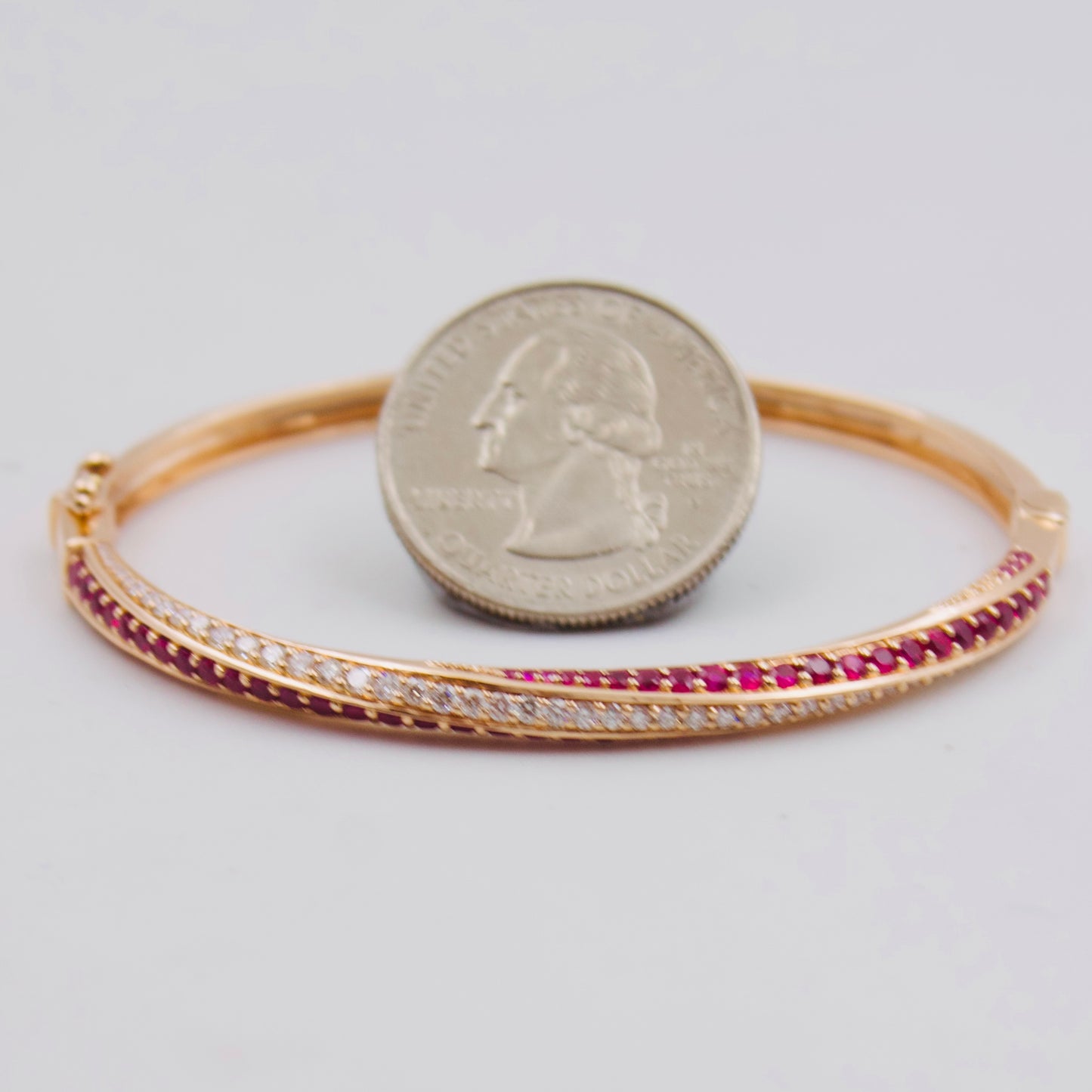 2.31 Ct Burma Ruby & Diamond Twisted Crossover Hinged Bangle in 18k Rose Gold