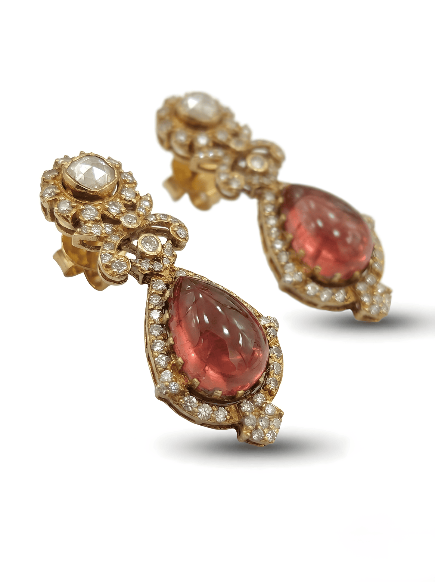 12.3 Ct Rubellite Tourmaline & Rose Cut Diamond Drop Earring In 18K Yellow Gold