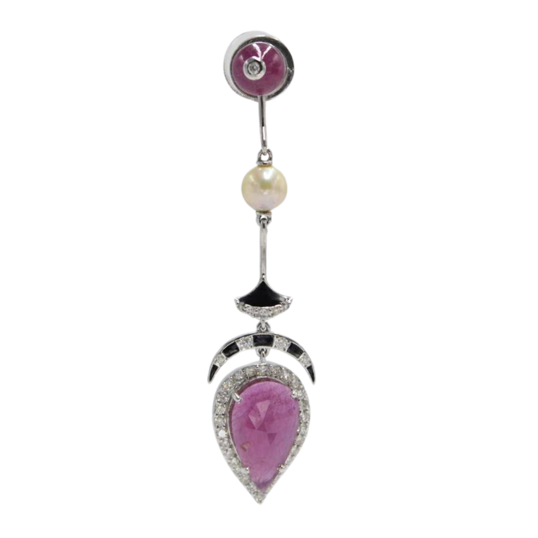 15.52 Ct Art Deco Ruby, Pearl & Diamond Geometric Drop Earrings in 18K White Gold