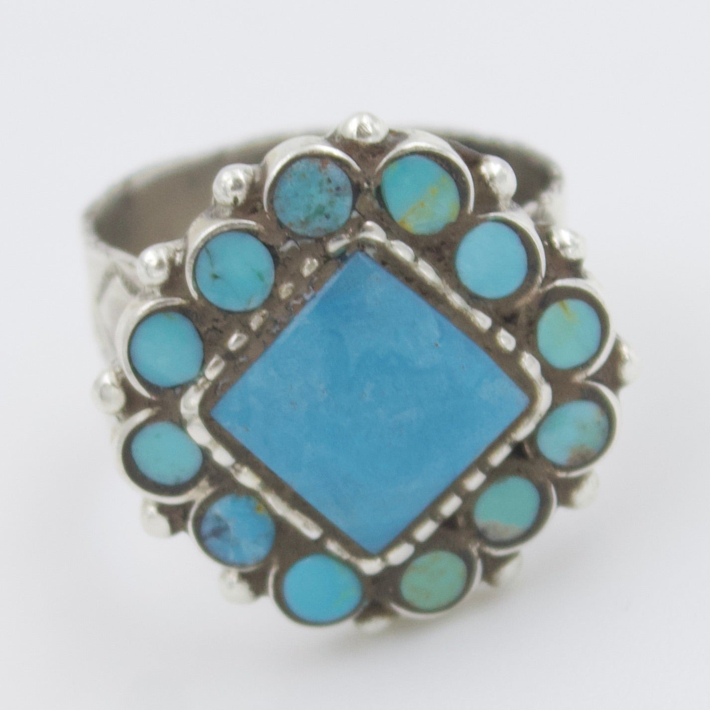 Vintage Natural Square Turquoise Cluster Statement Ring in Sterling Silver size 7