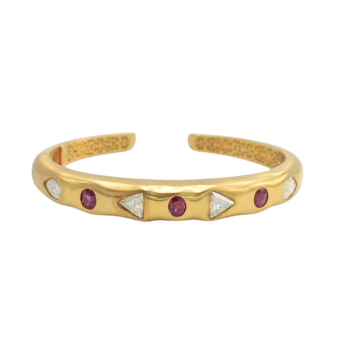Natural 3.66 Ct Untreated Ruby & Diamond Hinged Cuff Bracelet 18KY Brushed Gold