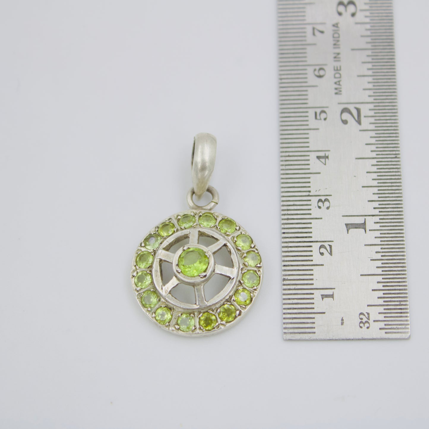 Natural Peridot Round Wheel Medallion Pendant in Sterling Silver