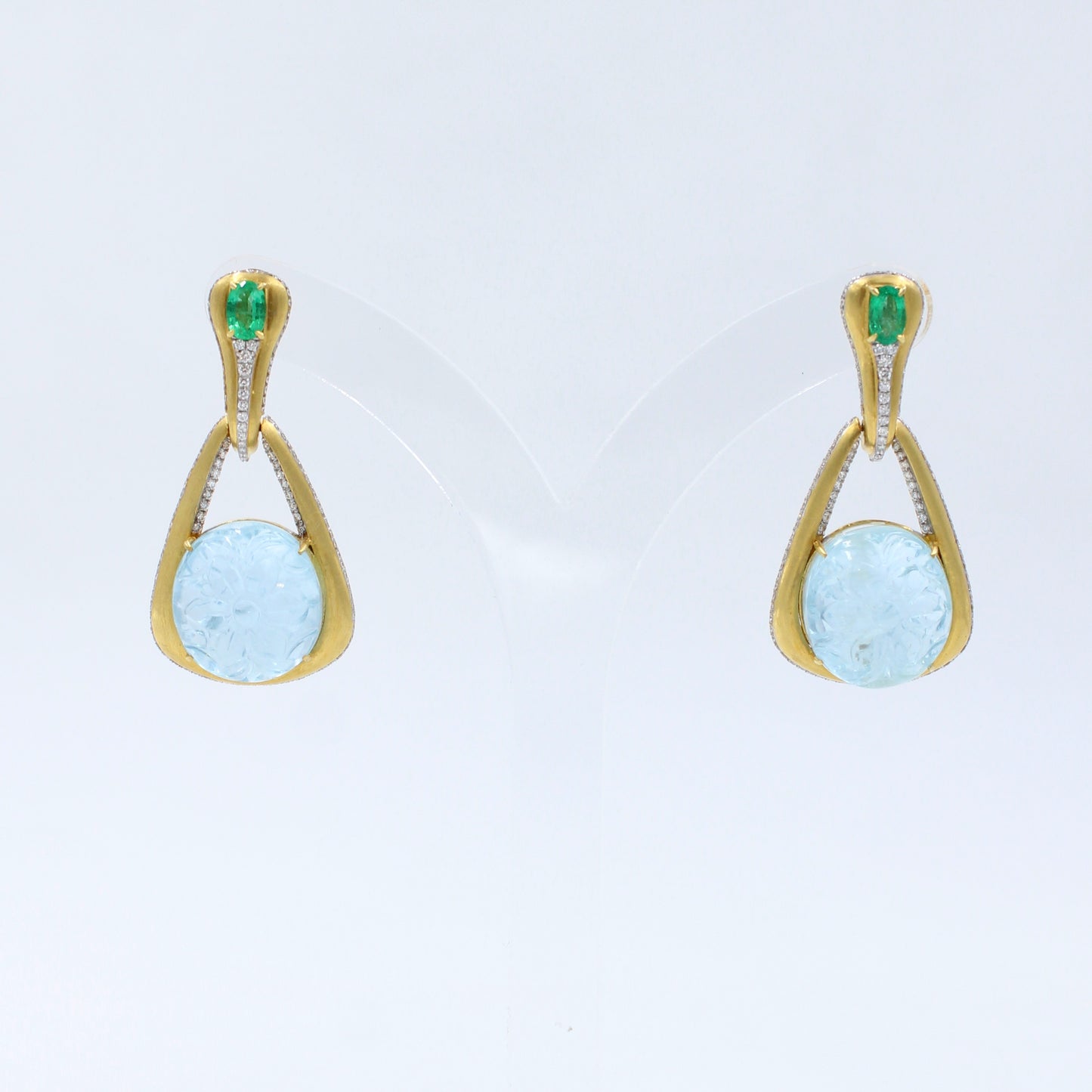 44.9 Ct Carved Aquamarine, Emerald & Diamond Drop Earrings 18K Brushed Gold