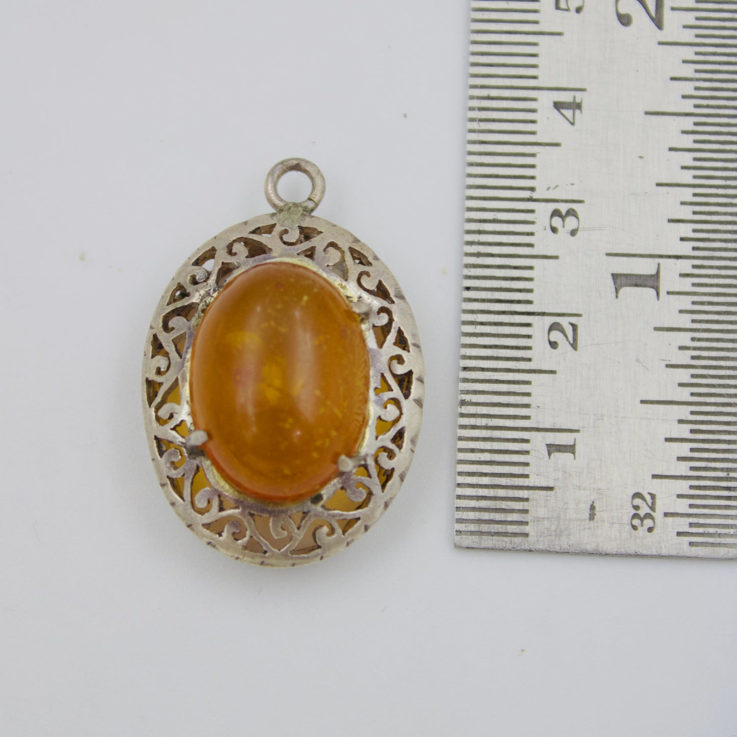 Vintage Amber Cabochon Filigree Oval Pendant in Sterling Silver