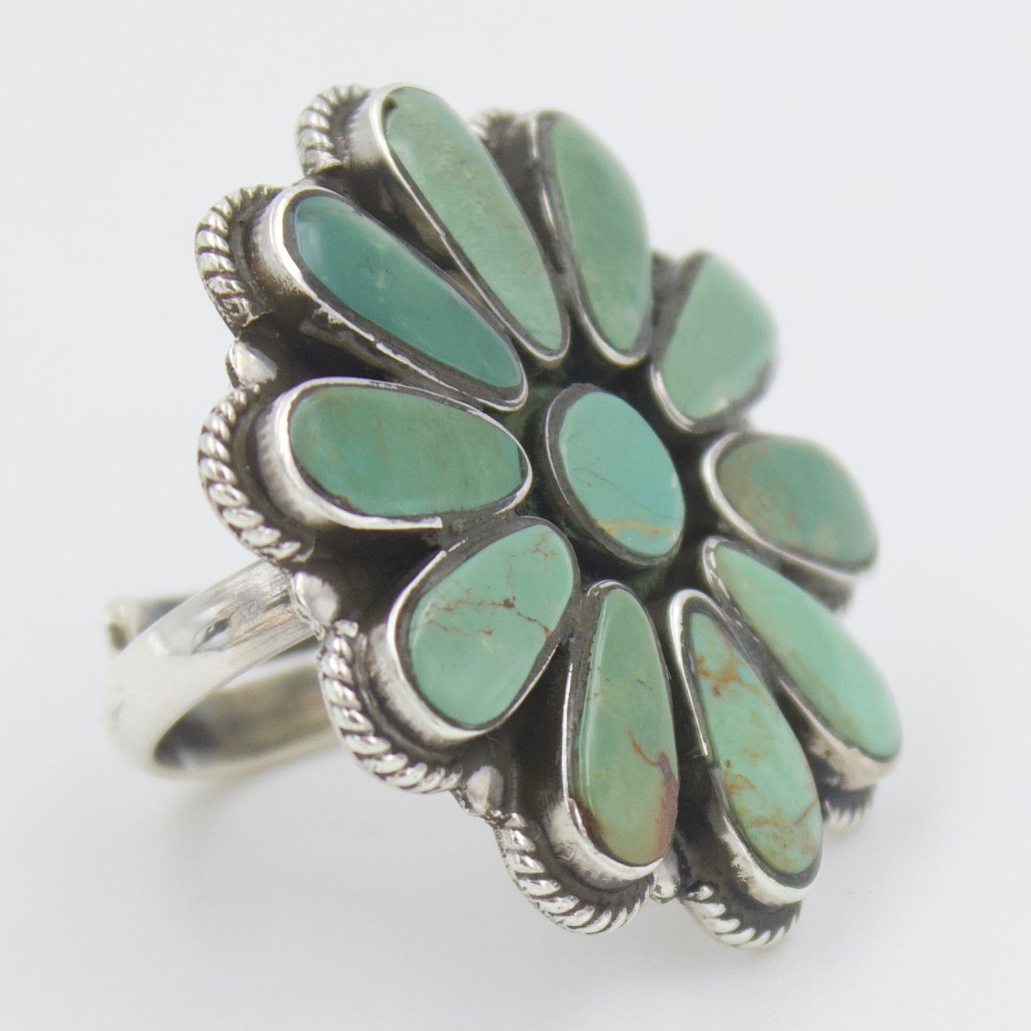 Vintage Natural Turquoise Flower Cluster Statement Ring in Sterling Silver