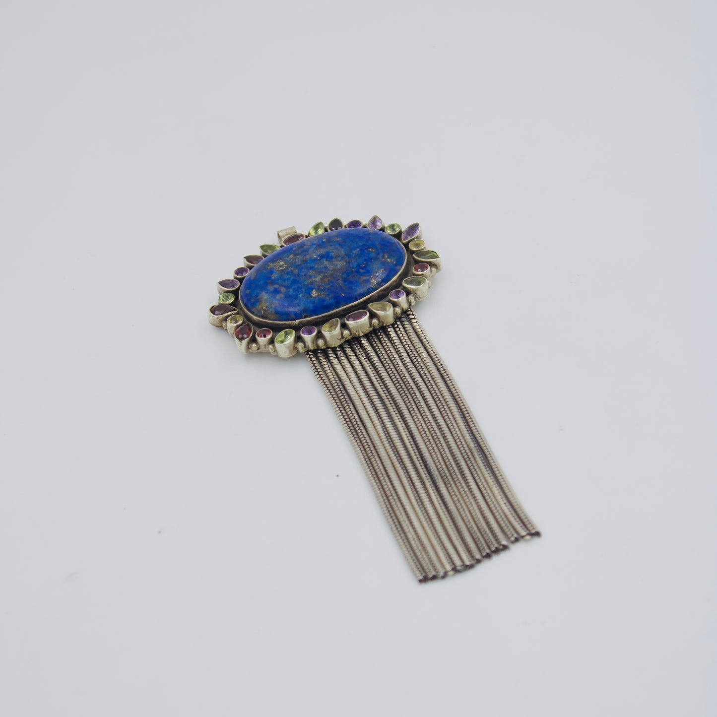 Lapis Lazuli Multi-Tourmaline Chain Fringe Tassel Statement Pendant in 925 Silver