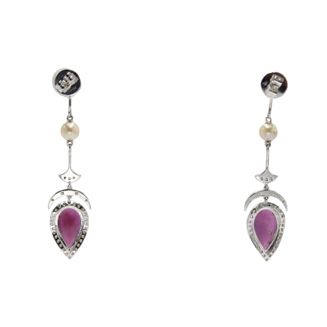 15.52 Ct Art Deco Ruby, Pearl & Diamond Geometric Drop Earrings in 18K White Gold