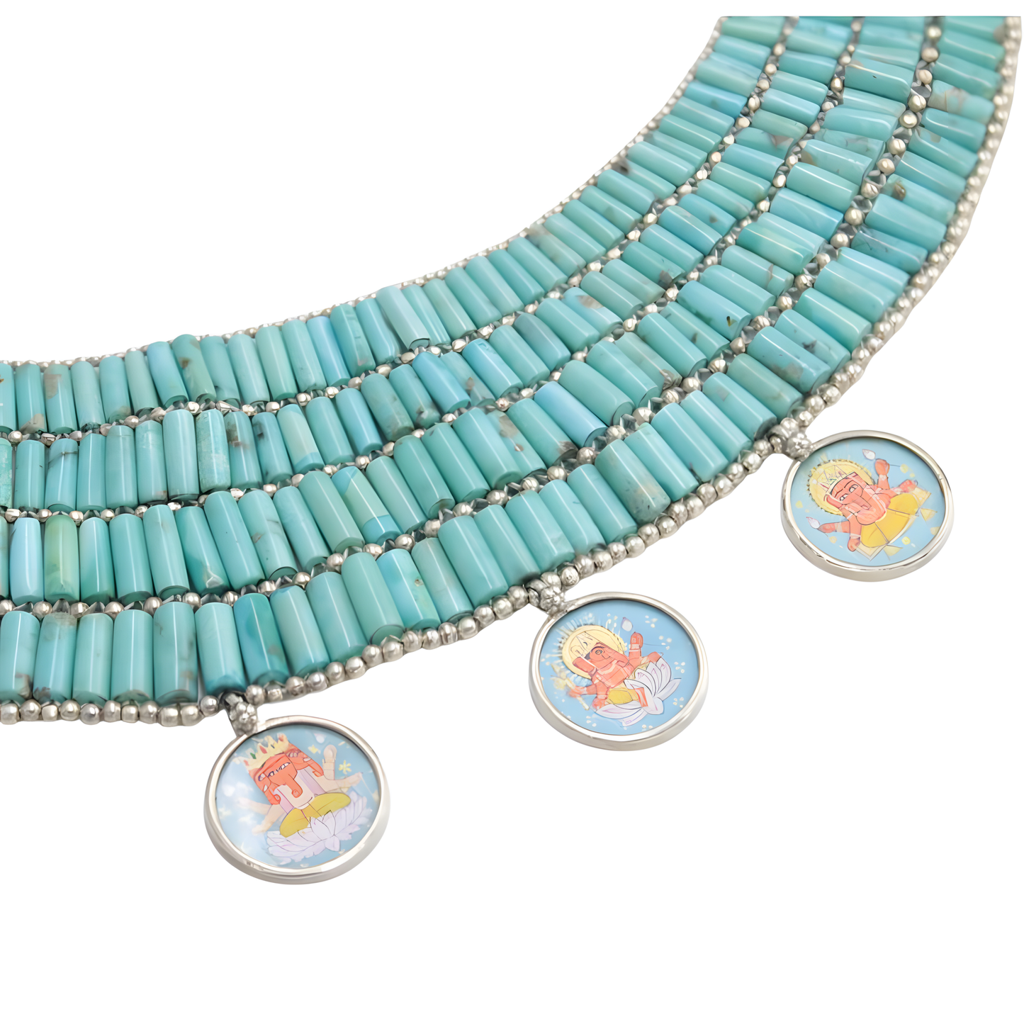 Handcrafted Turquoise Bead 5-Row Sterling Silver Lord Ganesha Painting Necklace