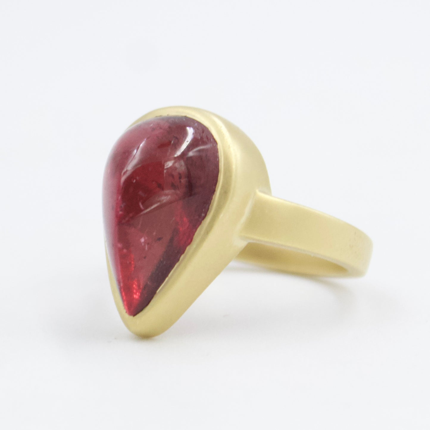 8.6 Ct Vivid Red Rubellite Tourmaline Pear Sugarloaf Ring in 18KY Brushed Gold