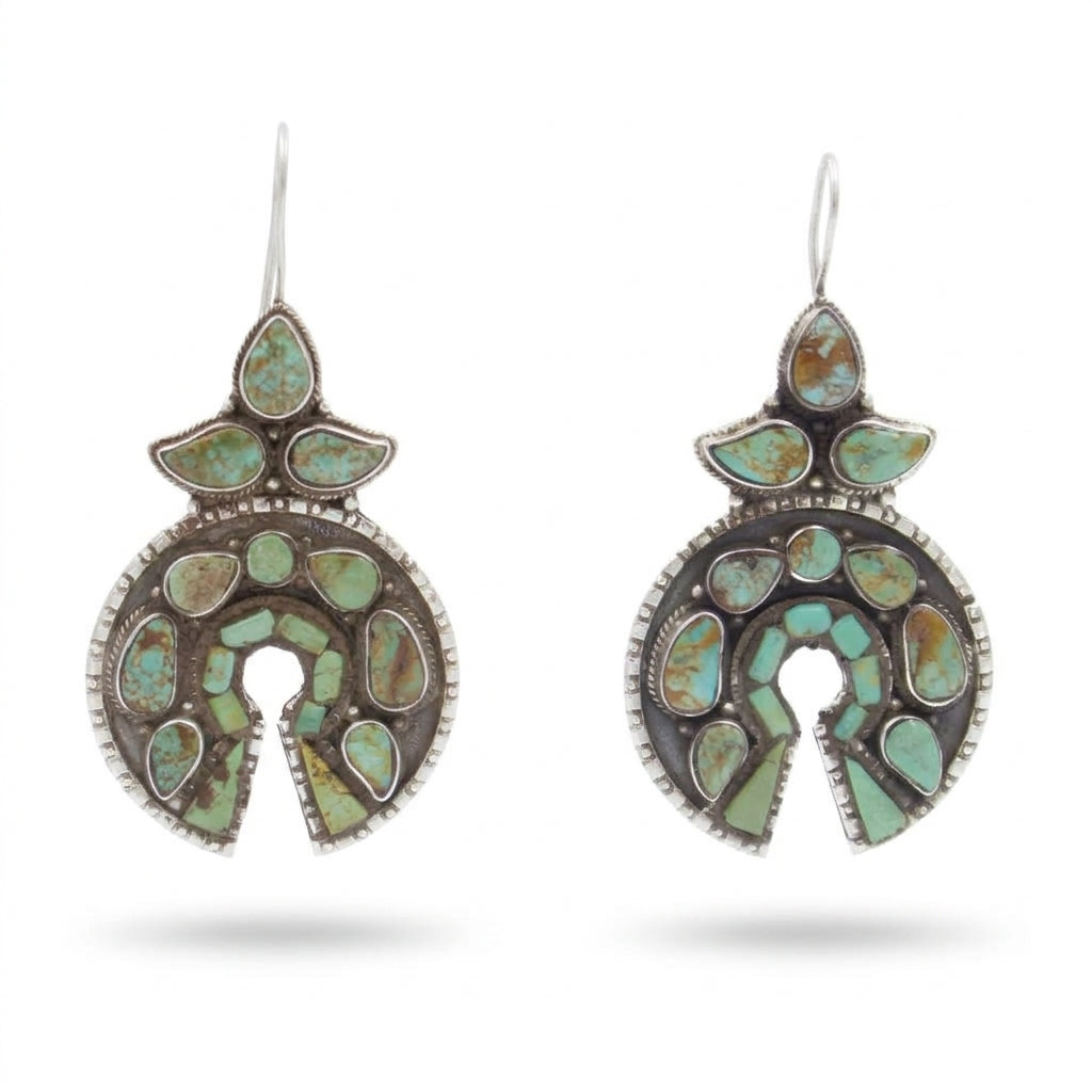 Vintage Tibetan Himalayan Turquoise Naja Chandbali Drop Earrings Sterling Silver